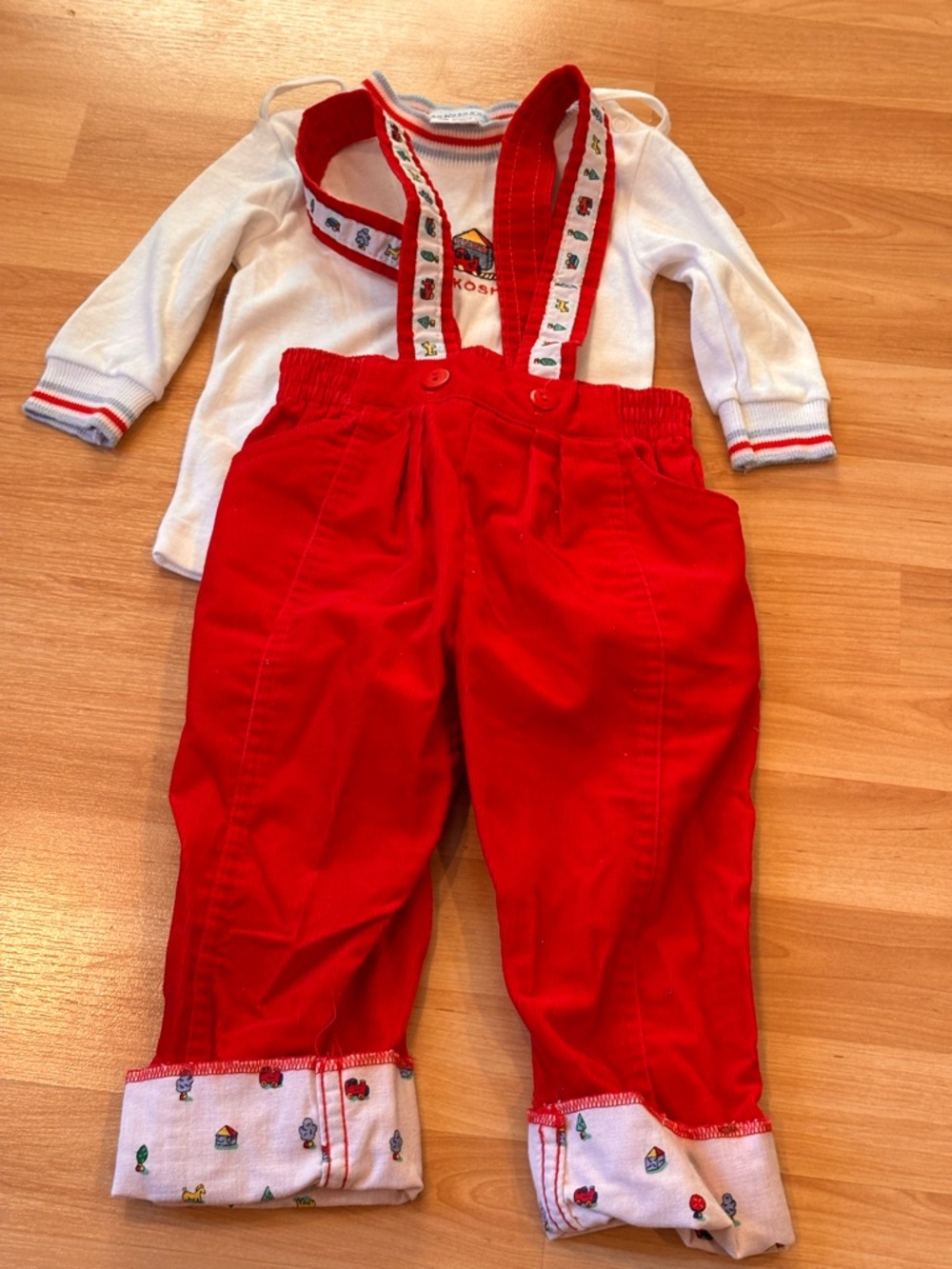 OshKosh B'gosh Red Suspender Overalls with White Top - Made in USA